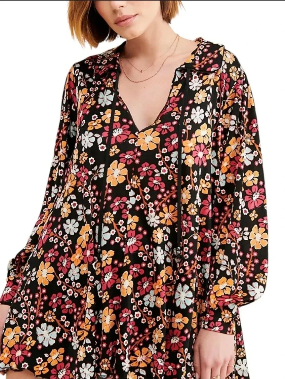 Free People Black Floral Shift Dress with Pink and Orange Blooms